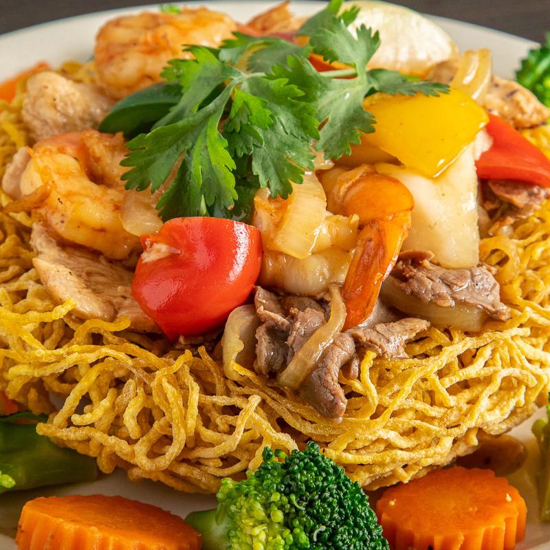 Fried or Soft Egg Noodles with Shrimp photo