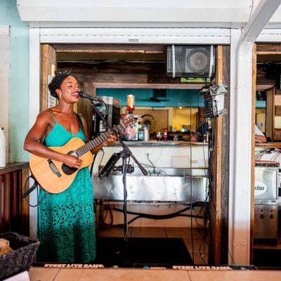 A musician performing live acoustic music at a bar.