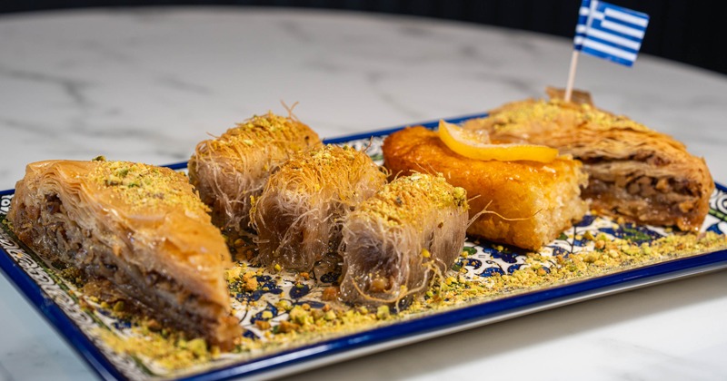 Dessert platteer with Kataifi, Orange Bomb and Baklava