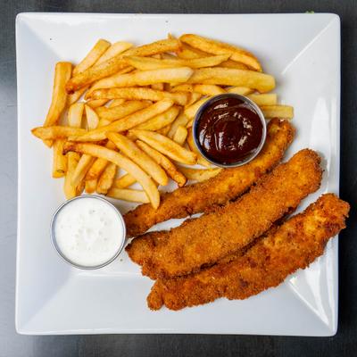 Chicken tenders served with fries and two dips.