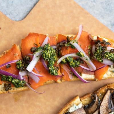 Smoked Salmon, Capers, Red Onion, House-Made Boursin, Pesto photo