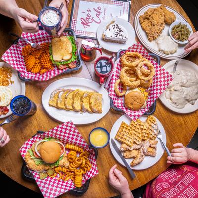 Variety of dishes served on the table, top view.