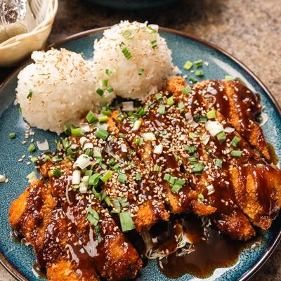 Pork katsu with Japanese white rice.