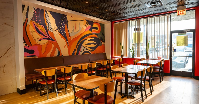 Interior, tables, chairs and high back benches