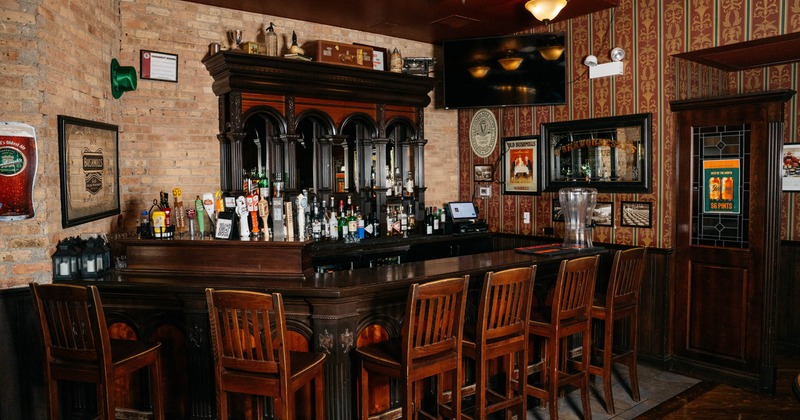 Interior, bar area, wooden chairs and bar