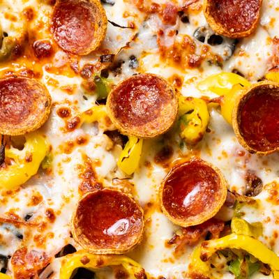 Supreme Pizza, closeup.