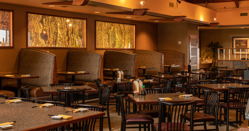 Interior, guest booths, tables and chairs