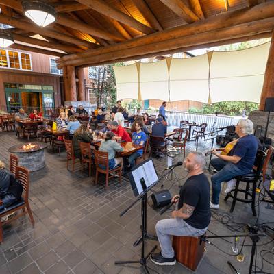 Outside seating area, a band performing live for the guests