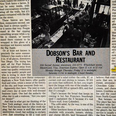 A newspaper clipping with an article on Dobson's Restaurant with a photo