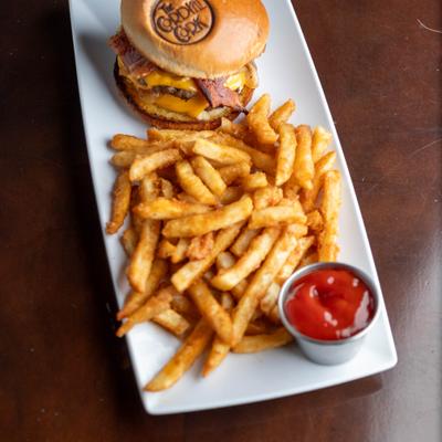 Going South Burger with fries and ketchup.