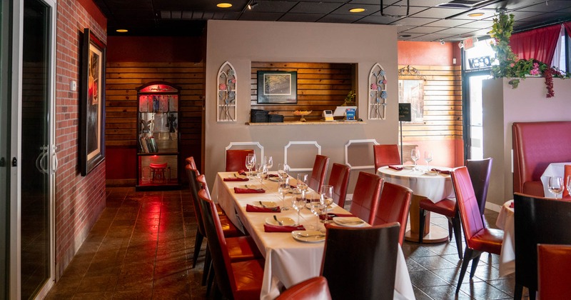 Interior, set tables, chairs, decorations, display cases, curiocities