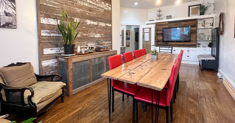 Interior, armchair, long table with chairs, TV
