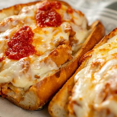 Chicken Parmigiana, closeup.