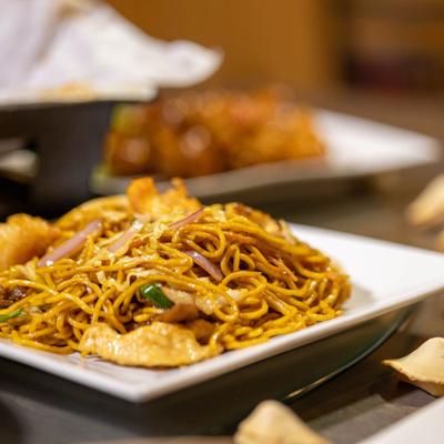Vegetable and tofu noodle stir-fry.
