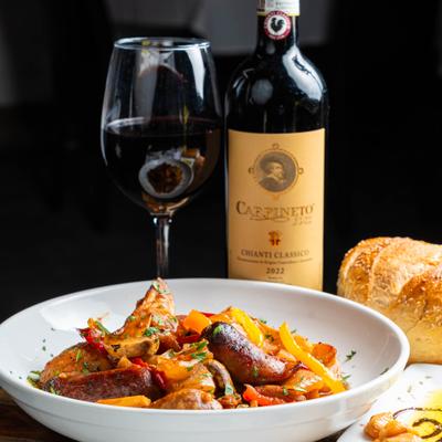 Chicken Scarpariello and red wine.