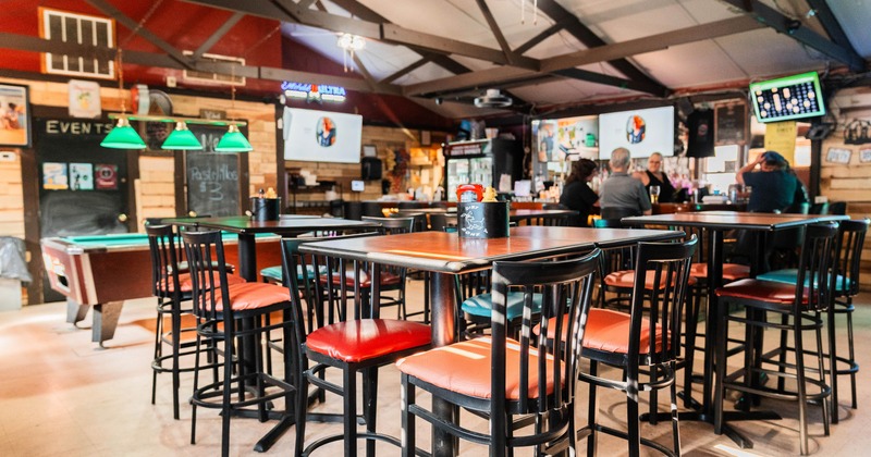 Interior, high tables and chairs