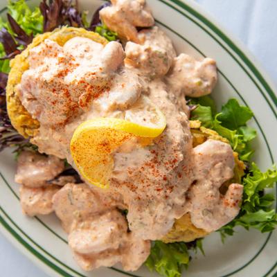 Fried Green Tomatoes--topped with boiled shrimp & Remoulade sauce.