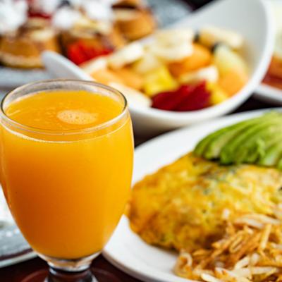 Orange juice and food.