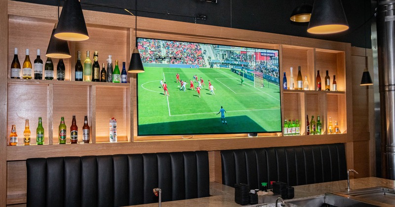 Interior, seating, TV on the wall