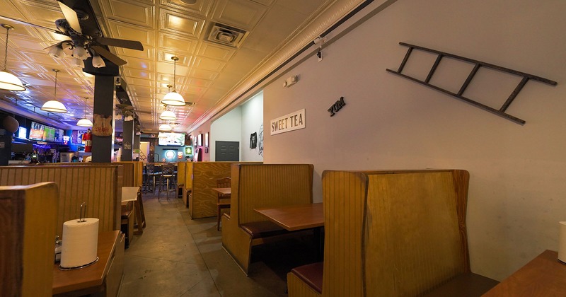 Interior, wooden booths and tables