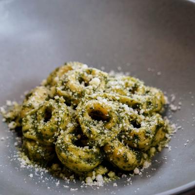 Cheese Tortellini with basil pesto.