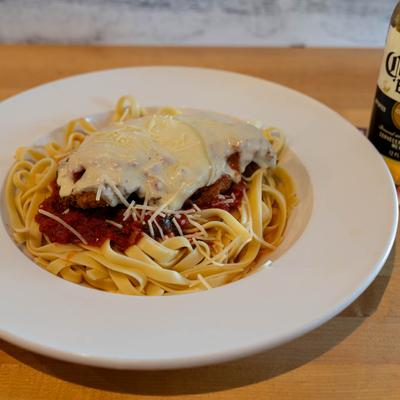 Linguine pasta, with marinara and Bechamel sauce.