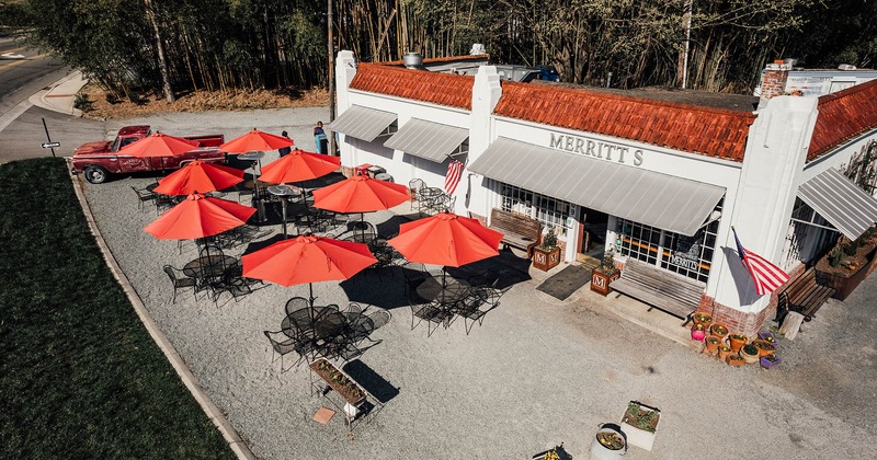 Aerial view of Merritt's Grill and seating area outside