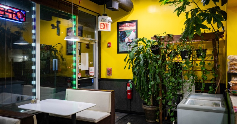 Interior of a restaurant with yellow walls, green plants, and a booth seating area