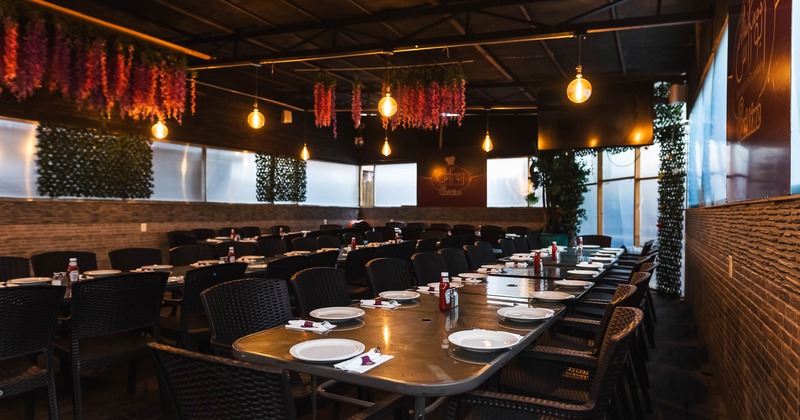 Interior, big table with plates and chairs
