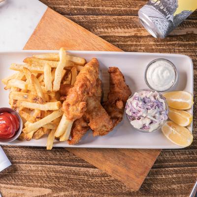Fish and chips, with coleslaw, and tartar sauce.