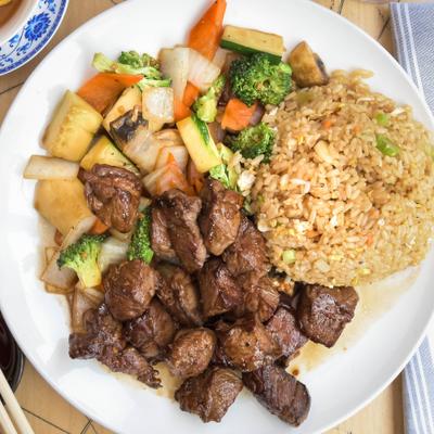 Hibachi steak served, top view