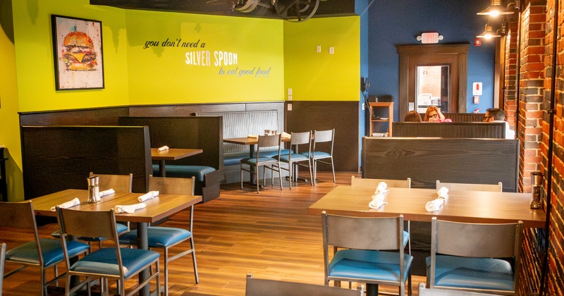 Diner area, tables and chairs, diners set up, wide view