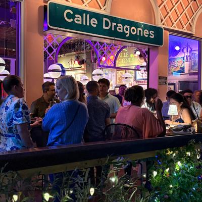 People at the terrace at night.