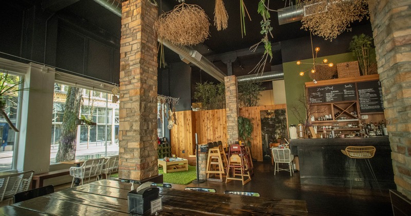 Interior, spacious seating area with corner for kids near window