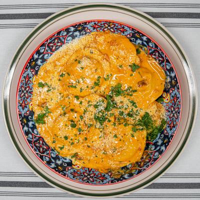 Lobster ravioli, top view.