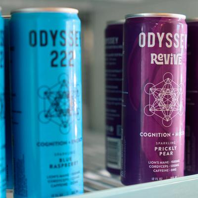 Cand of flavored mushroom sparkling drinks, close-up.