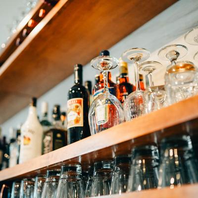 Various liquor bottles and glasses.