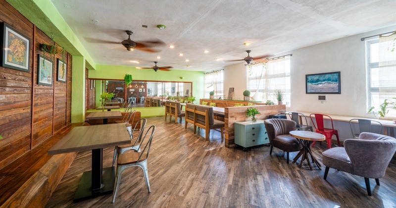 Interior, seating area, tables and chairs