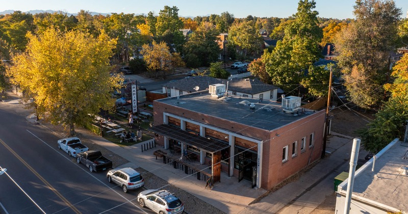 Aerial view to restaurant and garden behind