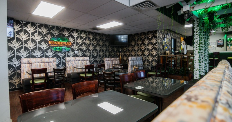 Interior, dining area, tables and chairs, wallpapers on walls