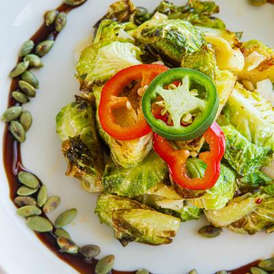 Crispy brussels sprouts and peppers.