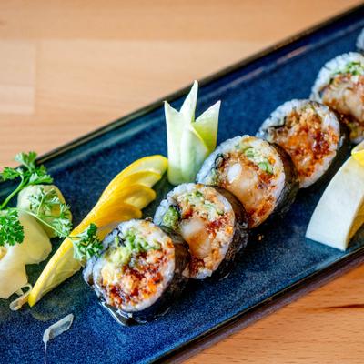 Lobster Tempura Maki served with lemon slices, wasabi and pickled ginger.