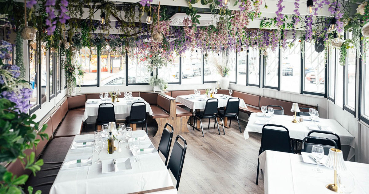 Inside, dining tables and chairs, booths, decoration