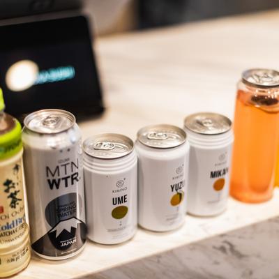 Assorted canned drinks.