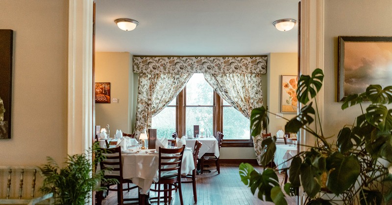 Dining room, tables and chairs, window with flower patterned curtain