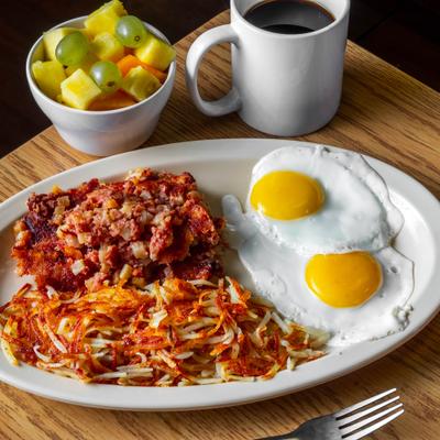 Corned beef hash and two eggs.
