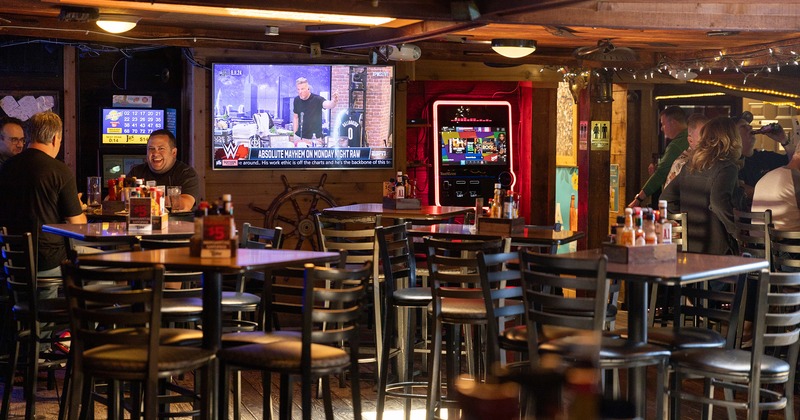 Interior, seating area, TV set,  jukebox