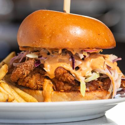 Fried chicken sandwich with smoked remoulade and jalapeno slaw.