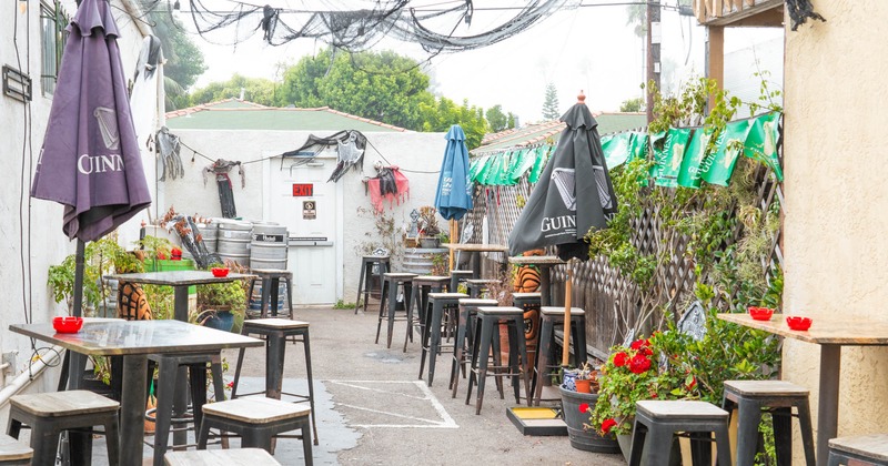 Exterior, high seating tables with stools, parasols, various potted plants