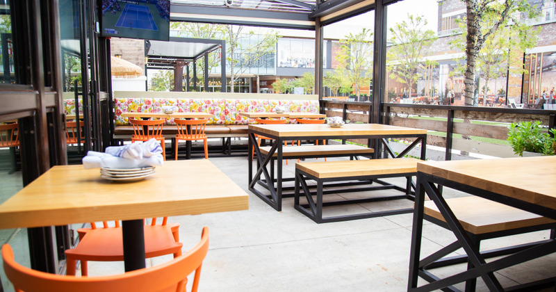 Exterior, patio area with picnic tables